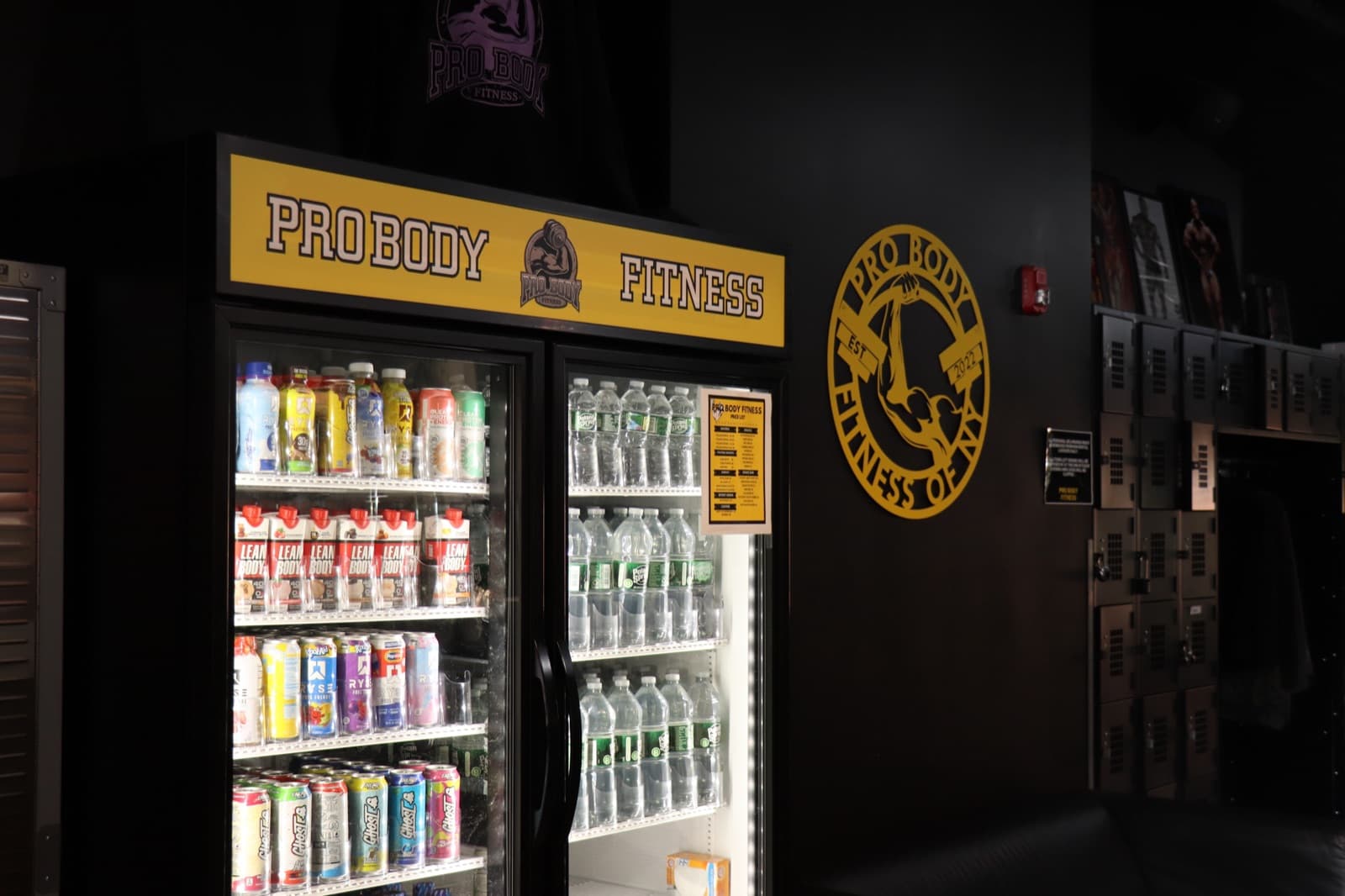 The ProBody Fitness shake bar fridge stocked with protein drinks and waters